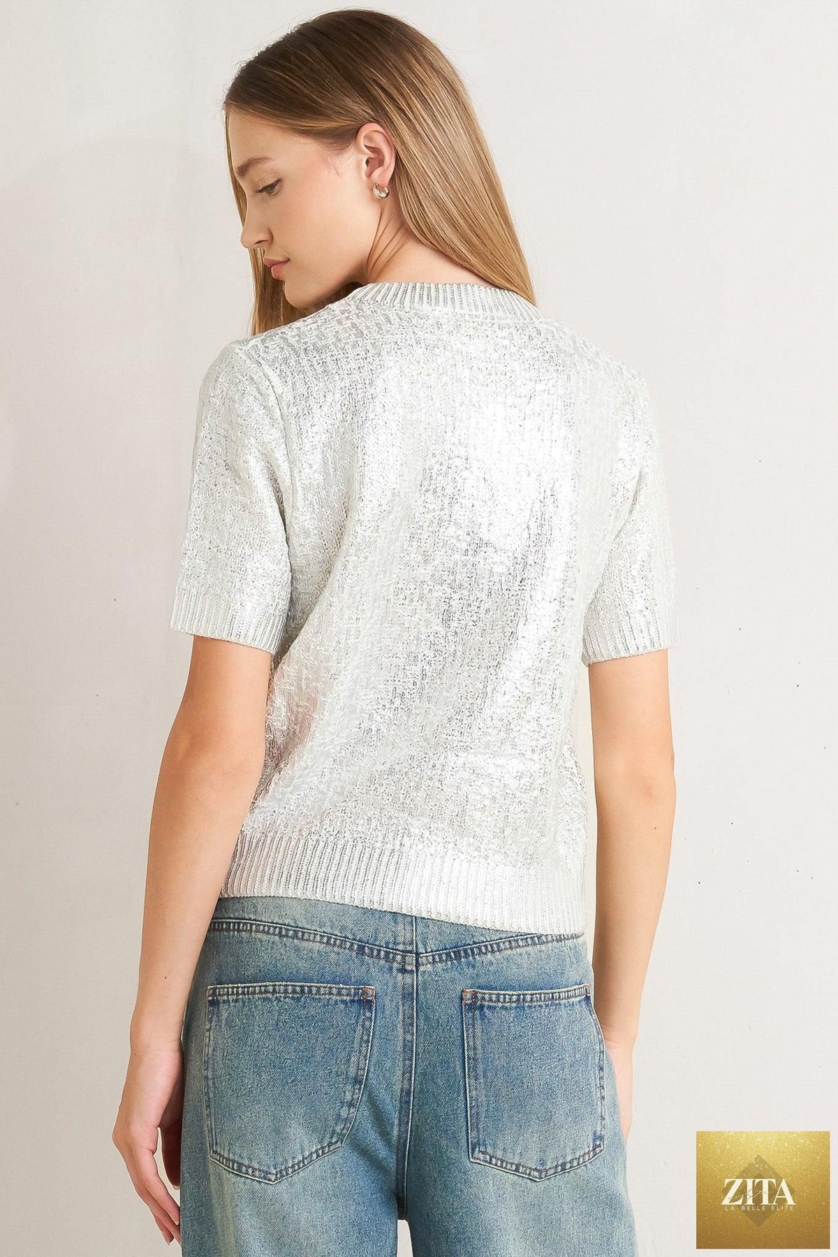 MOONLIT SHIMMER SILVER FOIL SHORT-SLEEVE SWEATER TOP