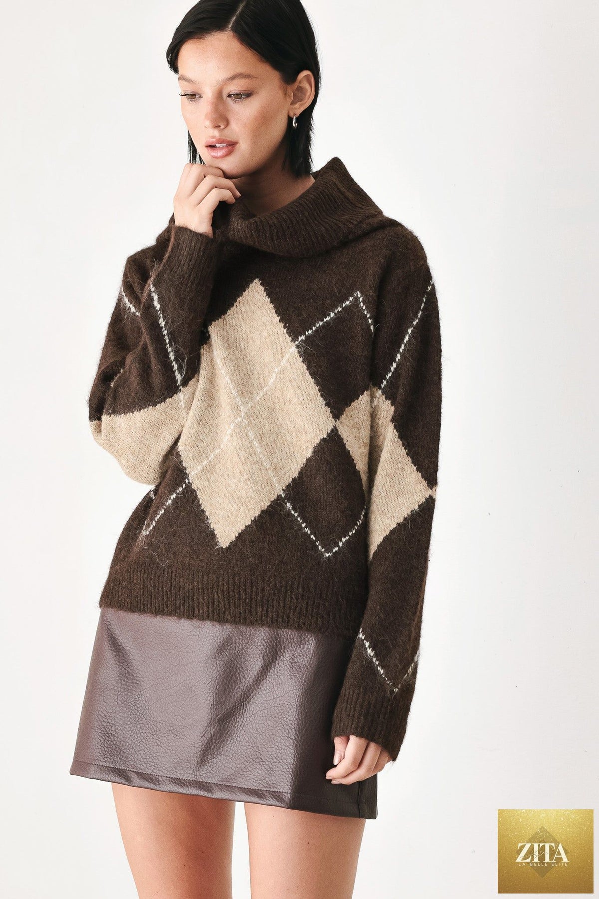 COZY MOMENTS BROWN ARGYLE COWL NECK SWEATER