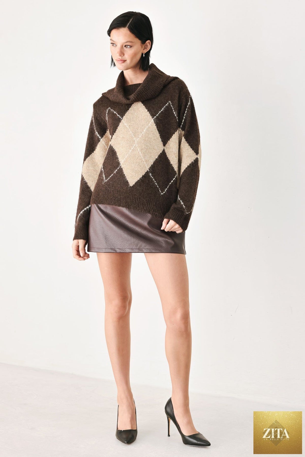 COZY MOMENTS BROWN ARGYLE COWL NECK SWEATER