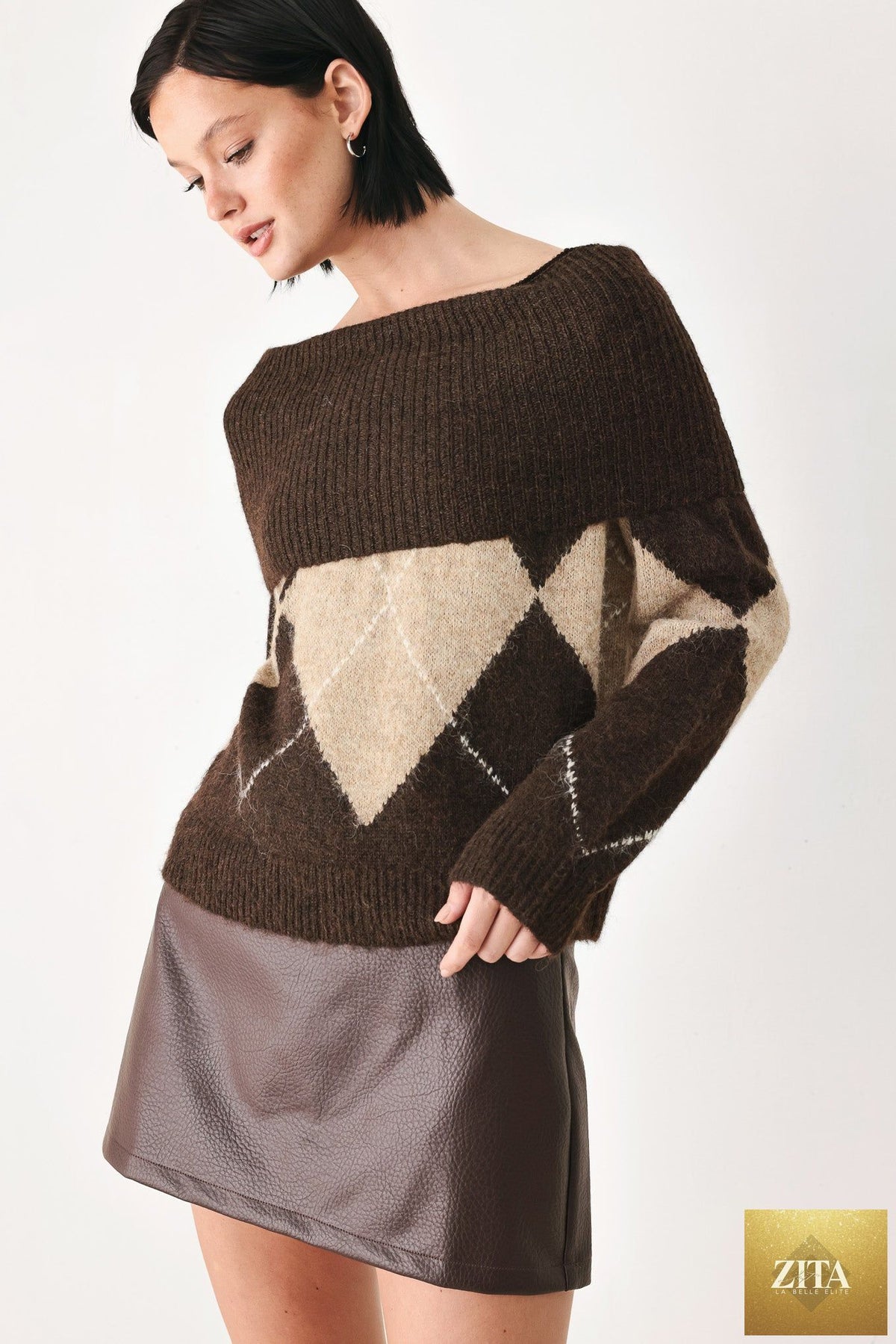 COZY MOMENTS BROWN ARGYLE COWL NECK SWEATER
