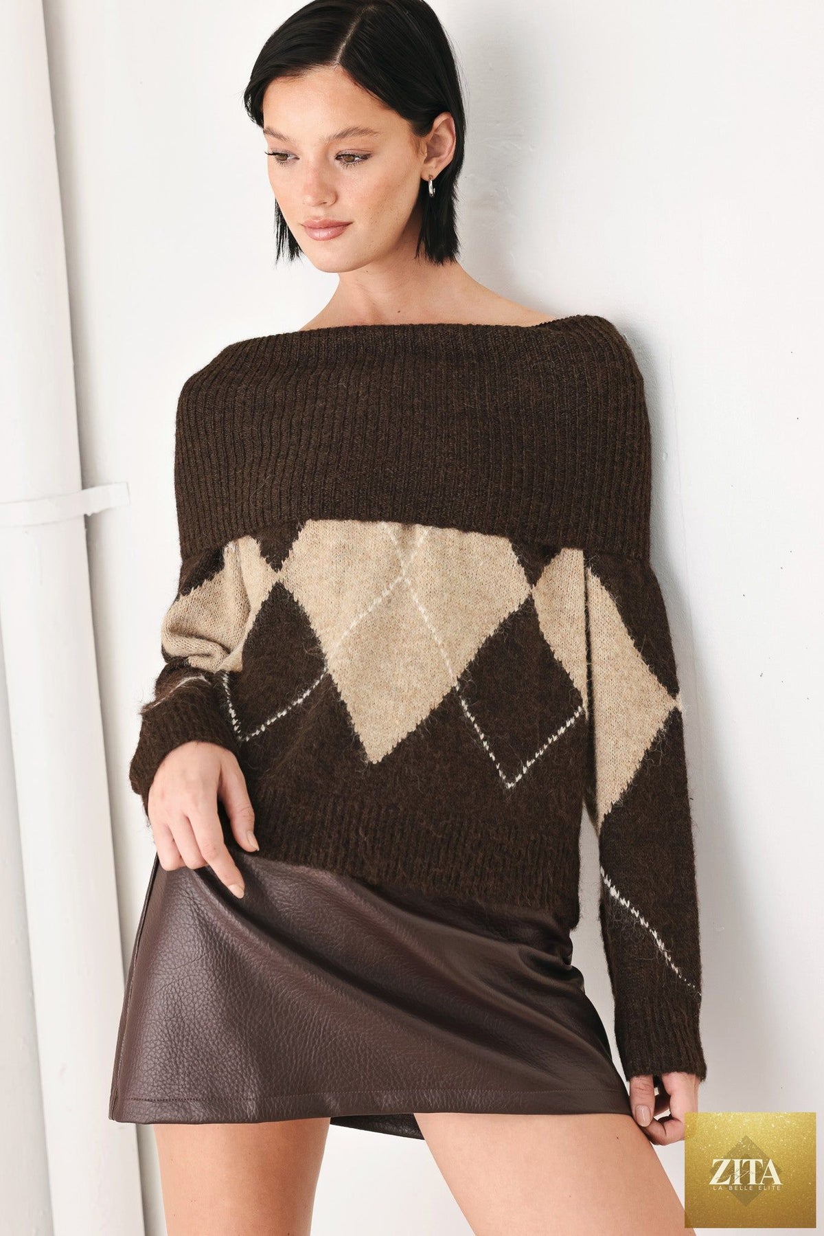 COZY MOMENTS BROWN ARGYLE COWL NECK SWEATER