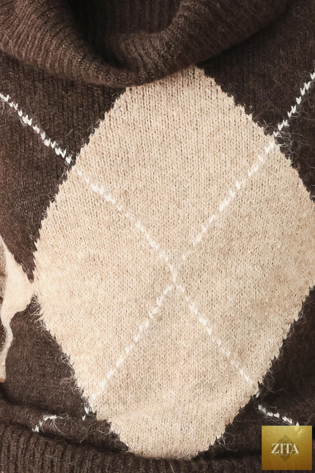COZY MOMENTS BROWN ARGYLE COWL NECK SWEATER