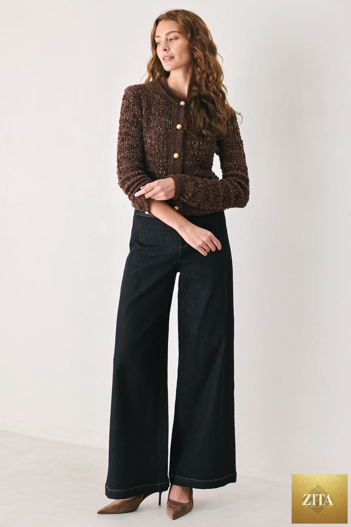 GEMSTONE GLOW BROWN JEWEL-BUTTON CROPPED CARDIGAN