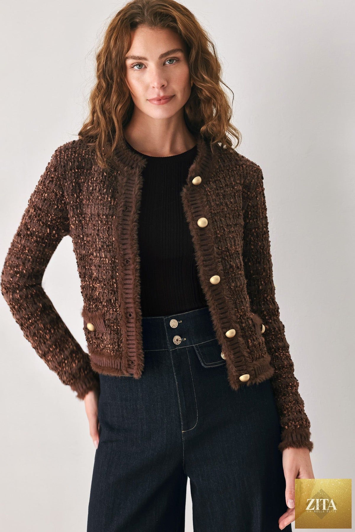 GEMSTONE GLOW BROWN JEWEL-BUTTON CROPPED CARDIGAN