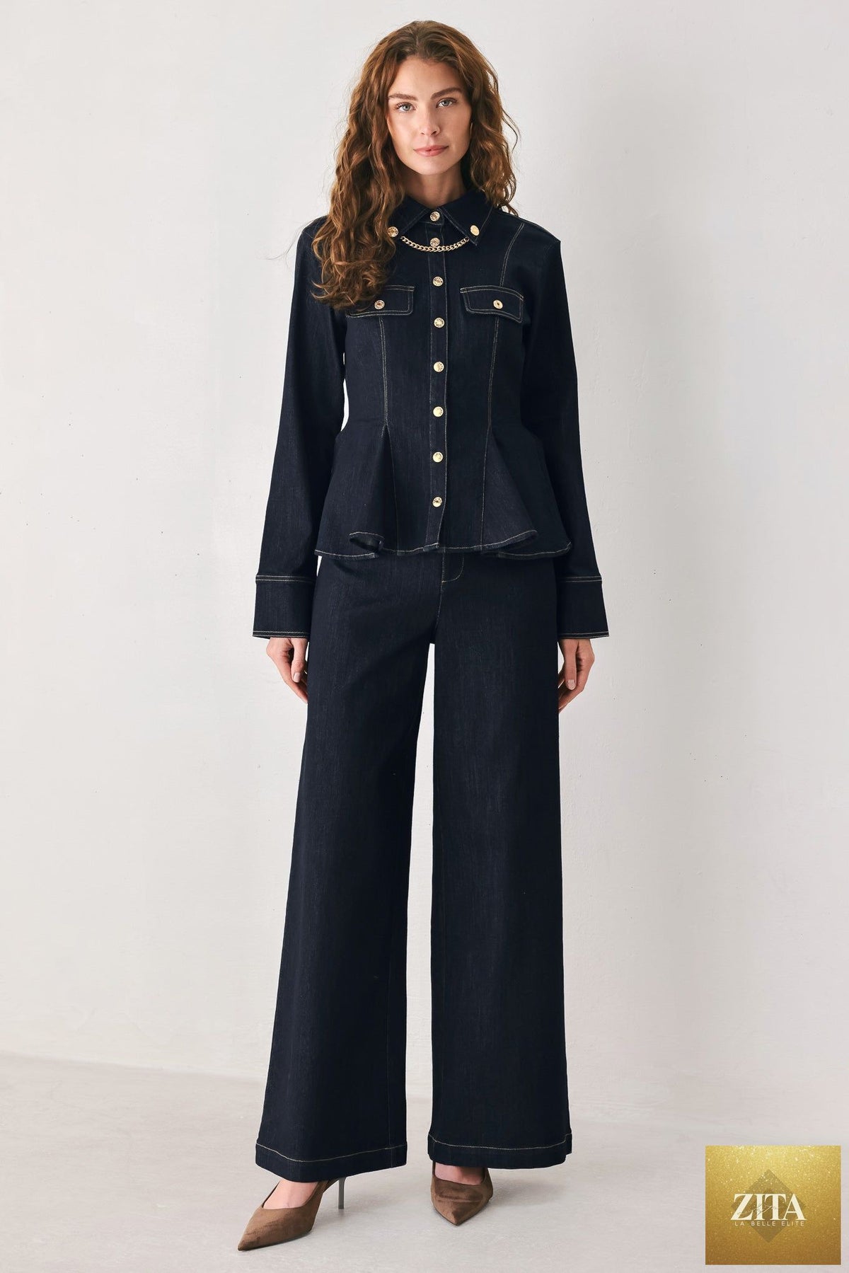 INDIGO ICON DARK INDIGO CHAIN-DETAIL PEPLUM DENIM TOP