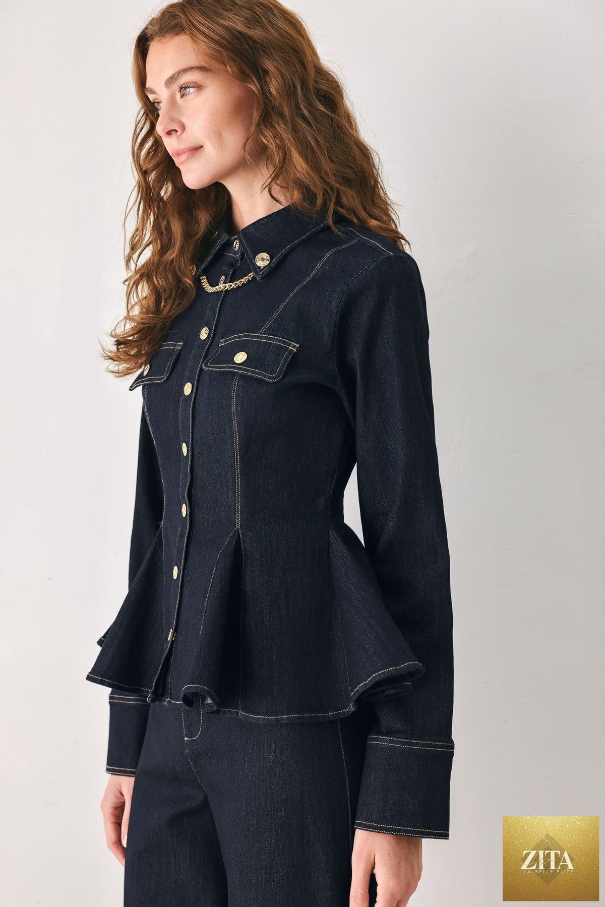INDIGO ICON DARK INDIGO CHAIN-DETAIL PEPLUM DENIM TOP