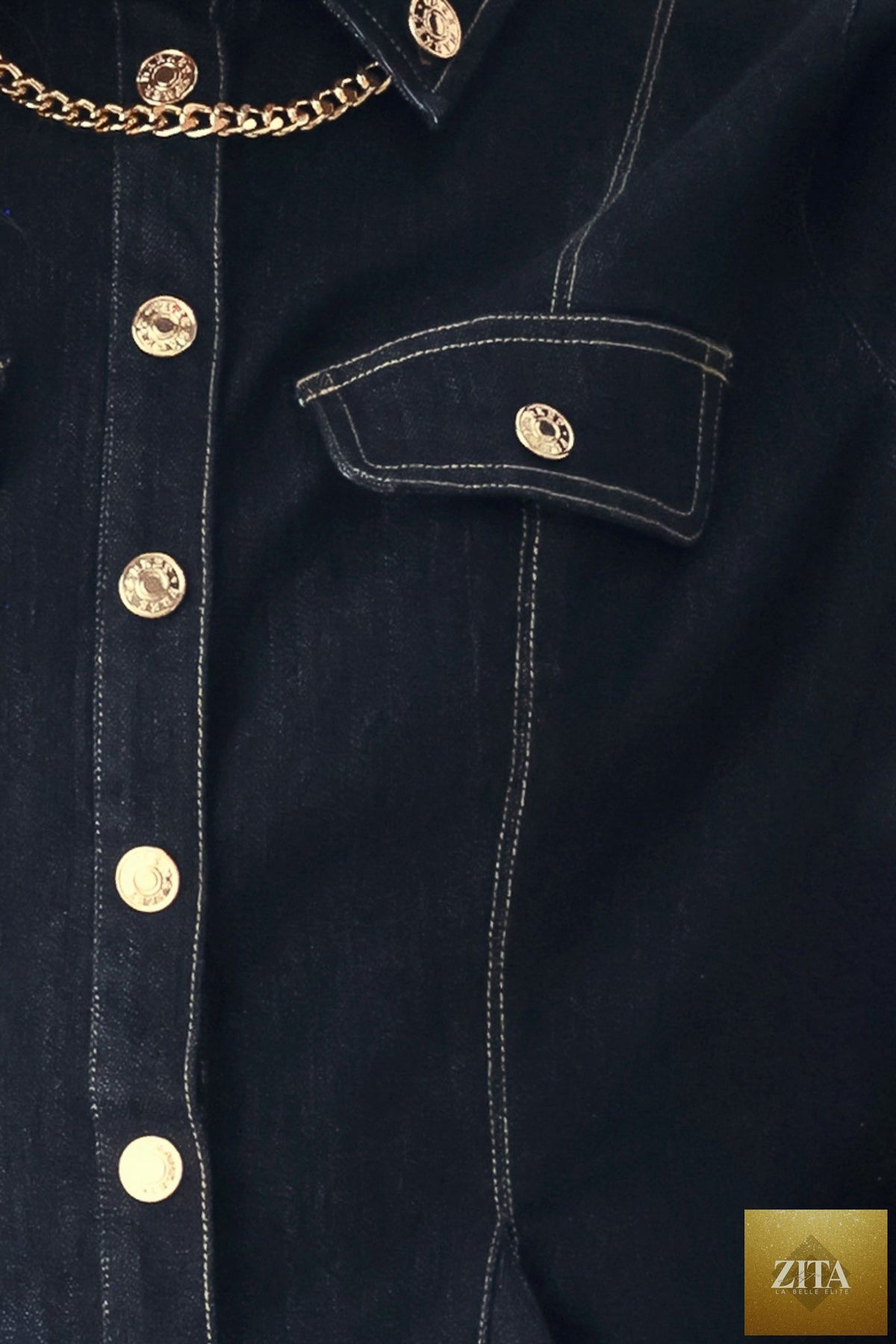 INDIGO ICON DARK INDIGO CHAIN-DETAIL PEPLUM DENIM TOP