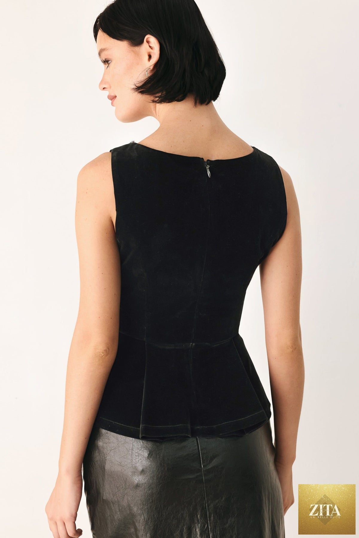 MIDNIGHT GLAM JEWELED VELVET PEPLUM TOP
