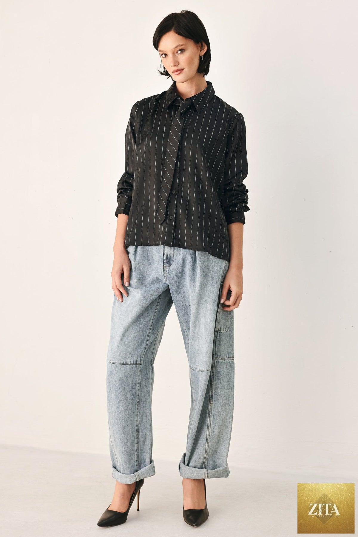 CITY AFTER DARK TIE FRONT STRIPED TOP