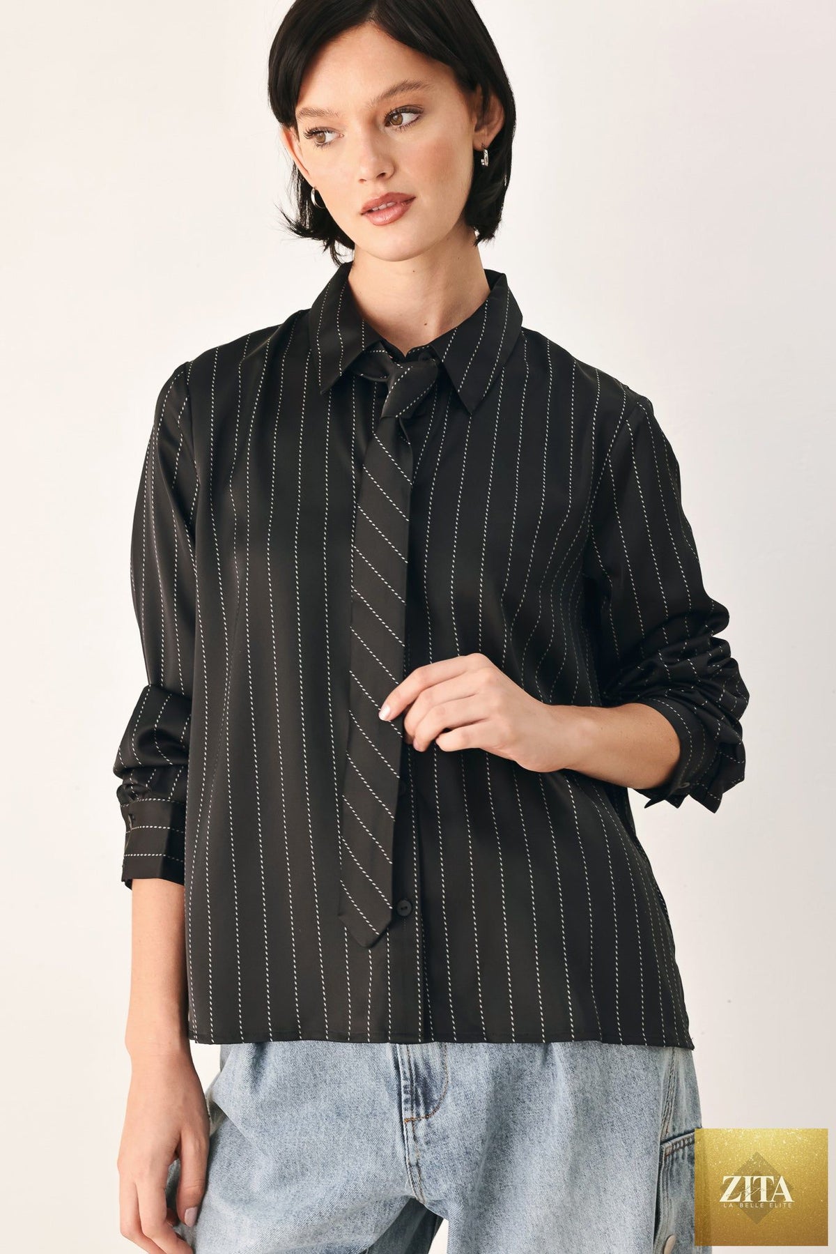 CITY AFTER DARK TIE FRONT STRIPED TOP