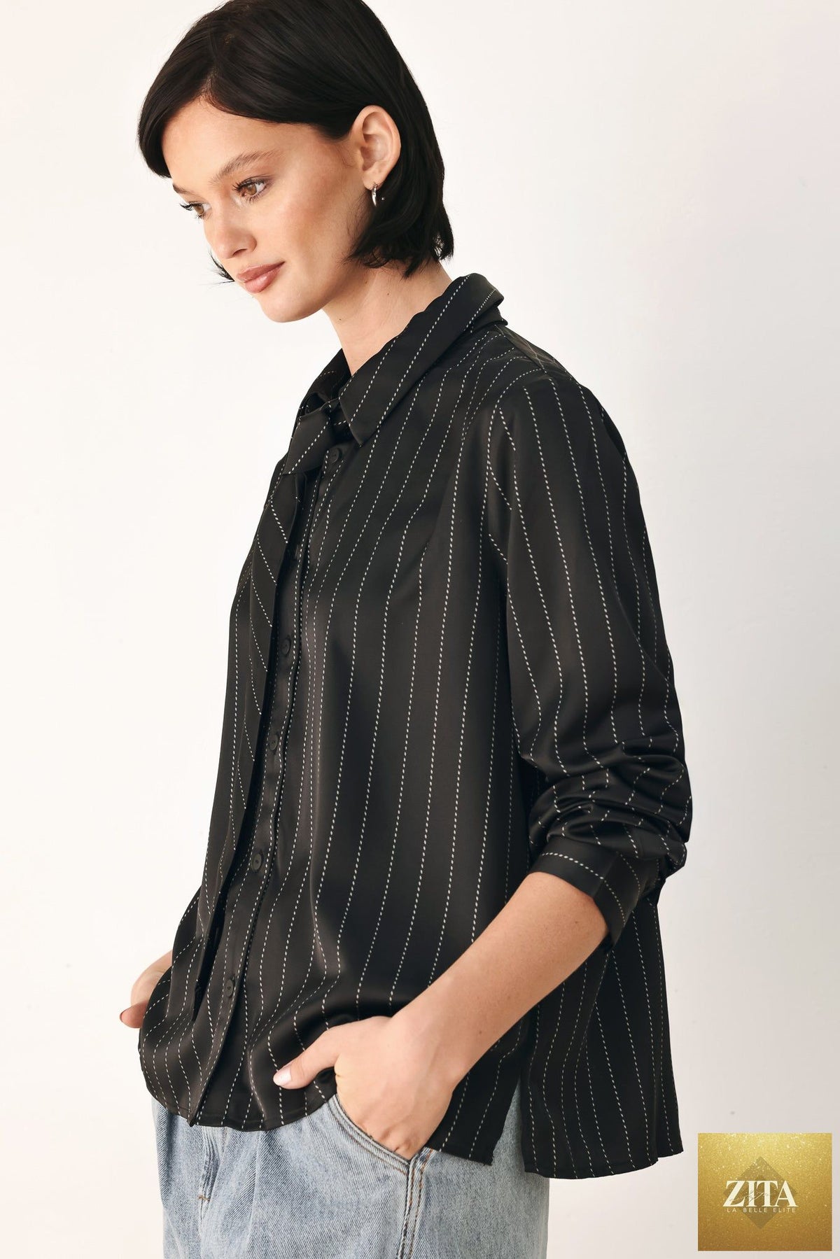 CITY AFTER DARK TIE FRONT STRIPED TOP