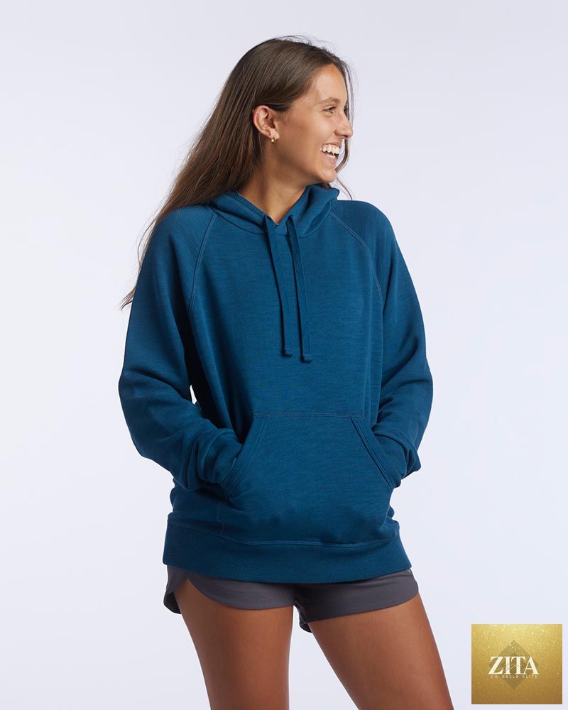 Dark teal Freasy women's relaxed fit hoodie by Goal Five, front view showing comfortable casual style.