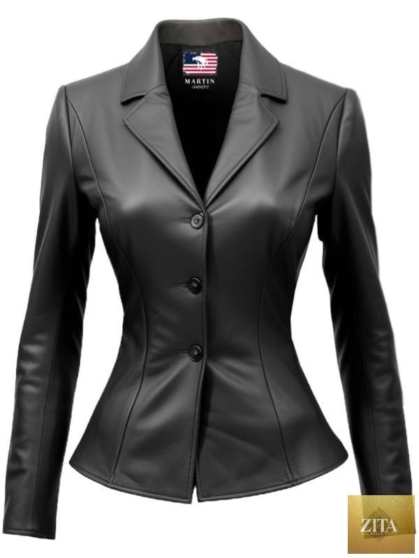 Black women's leather blazer by Martin Jackets featuring a tailored fit and classic lapel collar.