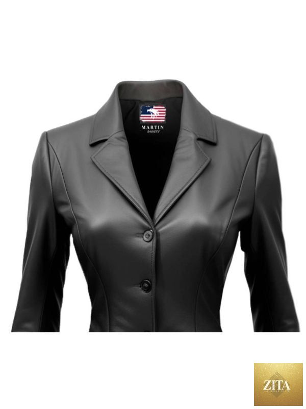 Black women's leather blazer by Martin Jackets featuring a tailored fit and stylish lapel collar.