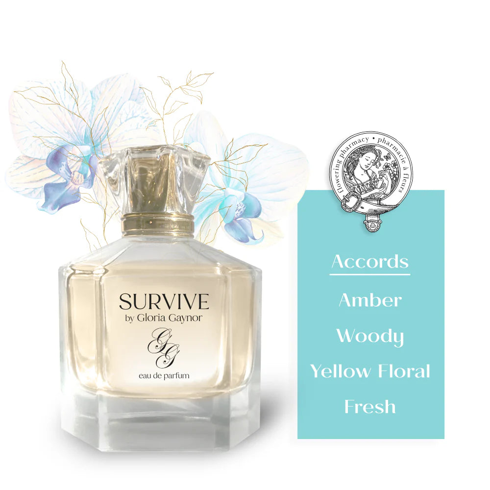 Gloria Gaynor SURVIVE eau de parfum by Best Clean Beauty, featuring a stylish perfume bottle with floral and citrus notes.