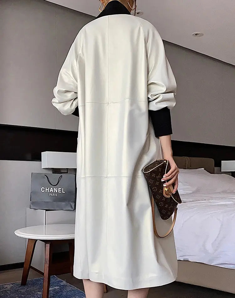 Nerazzurri Spring Autumn Loose Long Leather Trench Coat for Women with V Neck Raglan Sleeve Pockets Luxury Designer Clothes 2022 ZITA LA BELLE ÉLITE