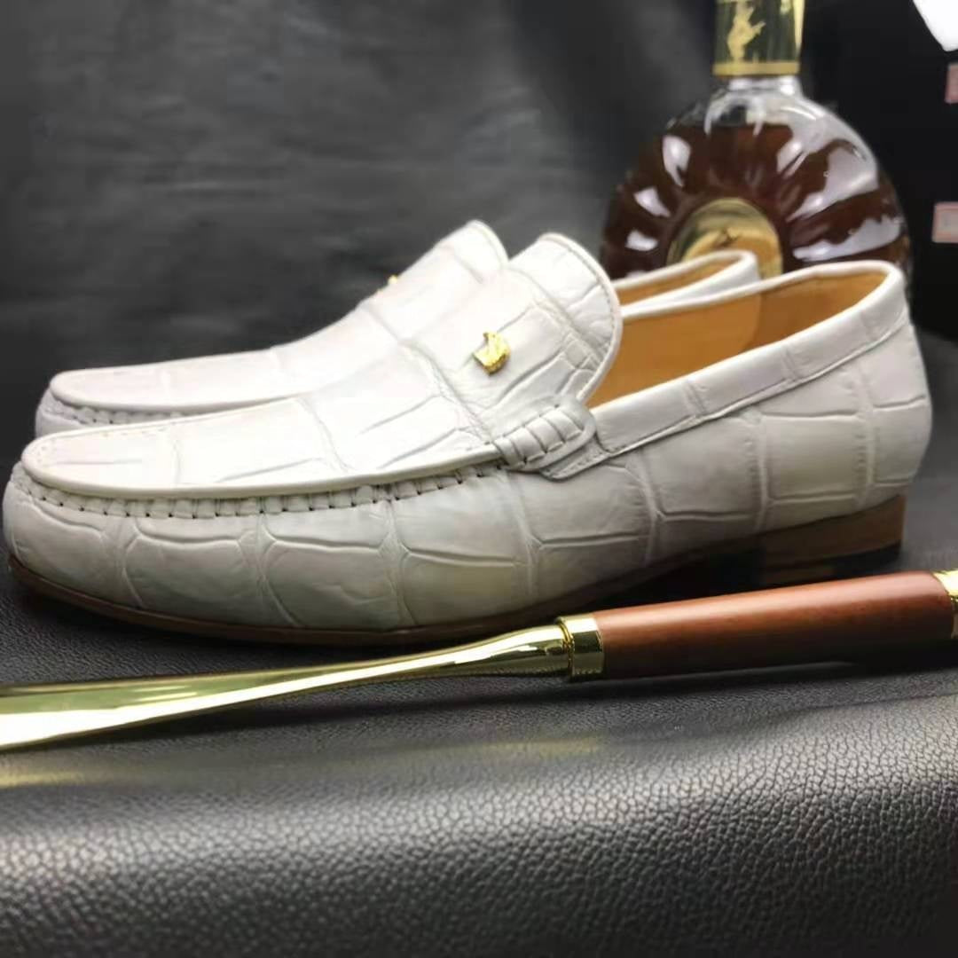 White crocodile leather loafers for men, handmade dress shoes by Don John, showcasing the textured crocodile pattern and sleek design.