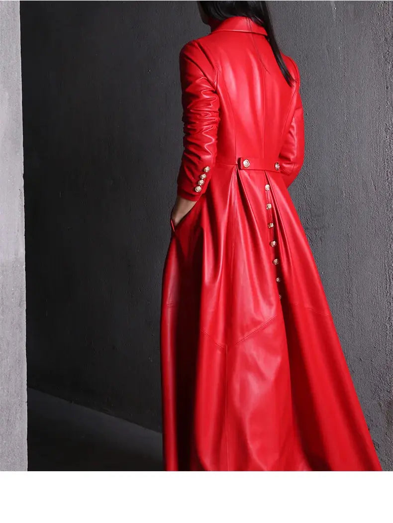 Lautaro Autumn Long Skirted Red Black Faux Leather Trench Coat for Women Double Breasted Elegant Luxury Fashion 4xl 5xl 6xl 7xl ZITA LA BELLE ÉLITE