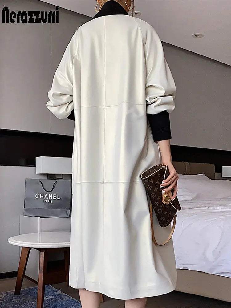 Nerazzurri Spring Autumn Loose Long Leather Trench Coat for Women with V Neck Raglan Sleeve Pockets Luxury Designer Clothes 2022 ZITA LA BELLE ÉLITE
