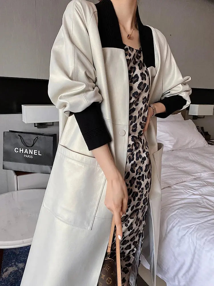 Nerazzurri Spring Autumn Loose Long Leather Trench Coat for Women with V Neck Raglan Sleeve Pockets Luxury Designer Clothes 2022 ZITA LA BELLE ÉLITE