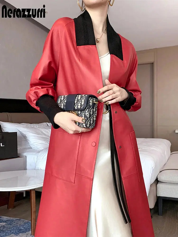 Nerazzurri Spring Autumn Loose Long Leather Trench Coat for Women with V Neck Raglan Sleeve Pockets Luxury Designer Clothes 2022 ZITA LA BELLE ÉLITE