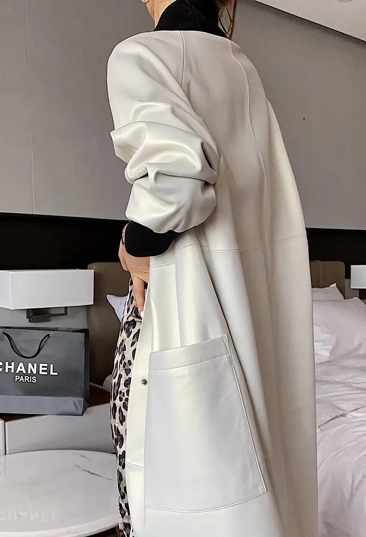 Nerazzurri Spring Autumn Loose Long Leather Trench Coat for Women with V Neck Raglan Sleeve Pockets Luxury Designer Clothes 2022 ZITA LA BELLE ÉLITE