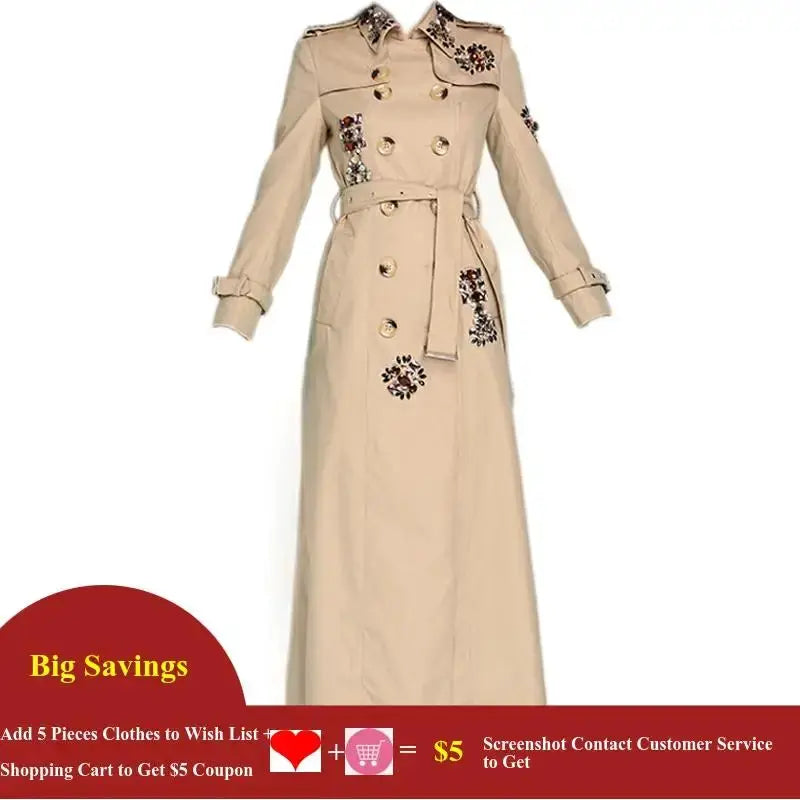 Long Double Breasted Trench Coat for Women British Style Luxury Beadings Maxi Coat Work Business Coat Plus Size 2025 ZITA LA BELLE ÉLITE