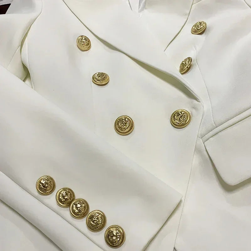 Femstylo women's leather blazer jacket with double-breasted design and metal lion buttons, available in sizes S to 5XL.