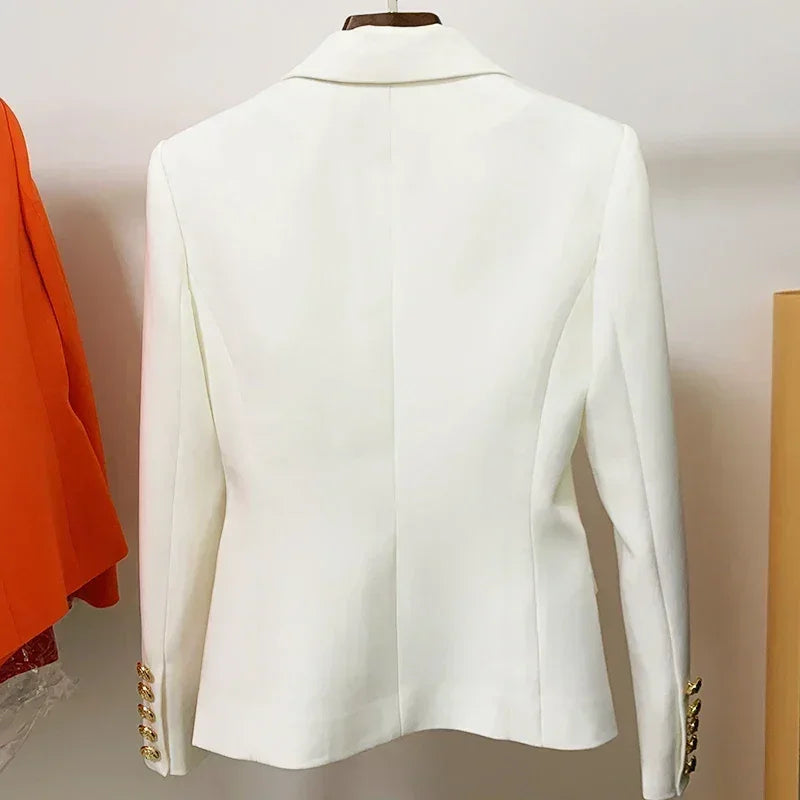 Female leather blazer by Femstylo featuring double-breasted design, metal lion buttons, in size S to 5XL, stylish and high-quality.