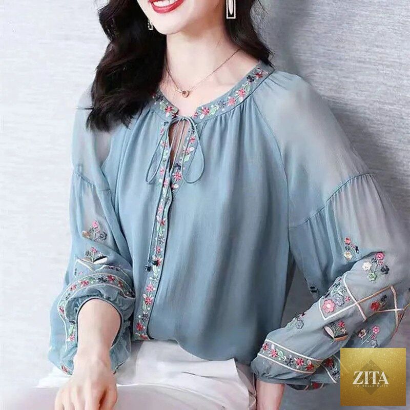 Light beige chiffon embroidery blouse with long lantern sleeves, loose fit, casual oversize top by Nowadaysfashion.