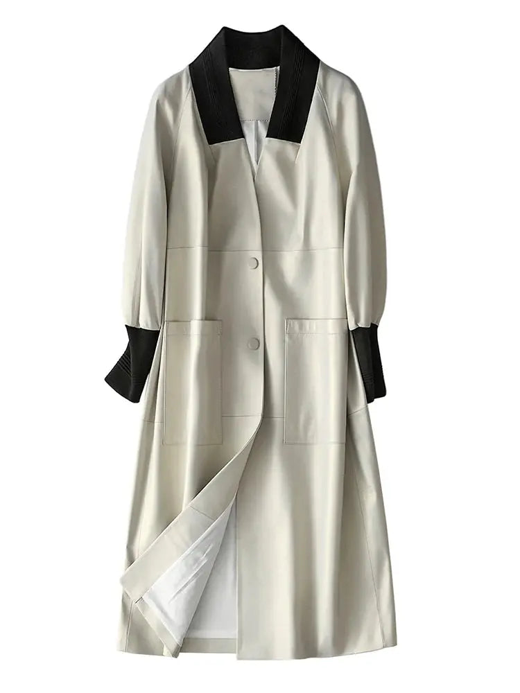 Nerazzurri Spring Autumn Loose Long Leather Trench Coat for Women with V Neck Raglan Sleeve Pockets Luxury Designer Clothes 2022 ZITA LA BELLE ÉLITE