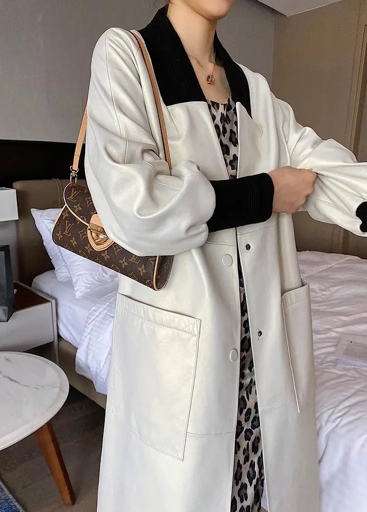 Nerazzurri Spring Autumn Loose Long Leather Trench Coat for Women with V Neck Raglan Sleeve Pockets Luxury Designer Clothes 2022 ZITA LA BELLE ÉLITE