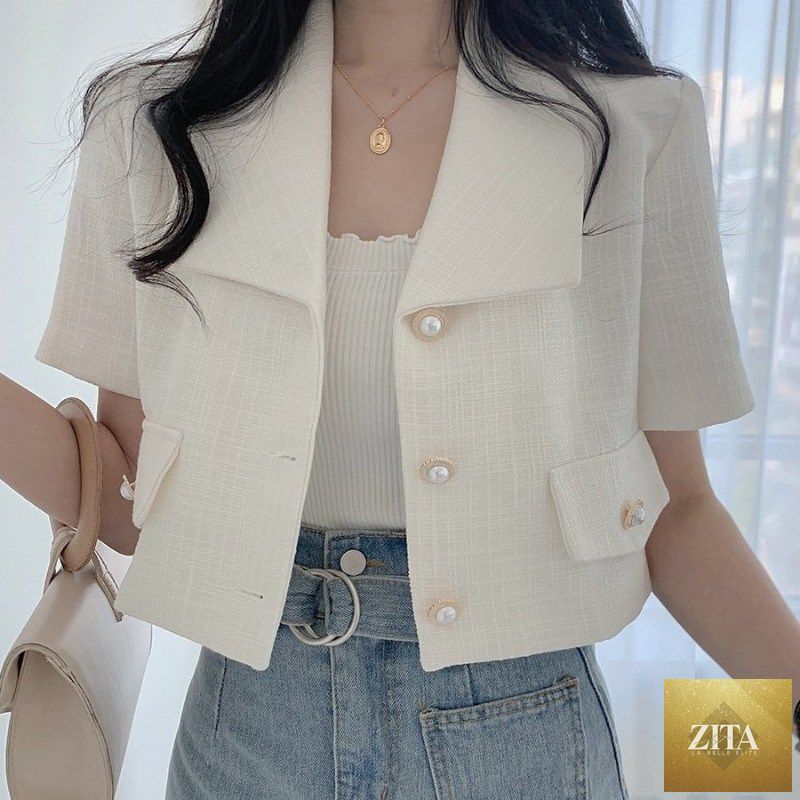 White women's blazer short from nowadaysfashion, summer 2022 loose-fit office jacket, stylish and lightweight for ladies.