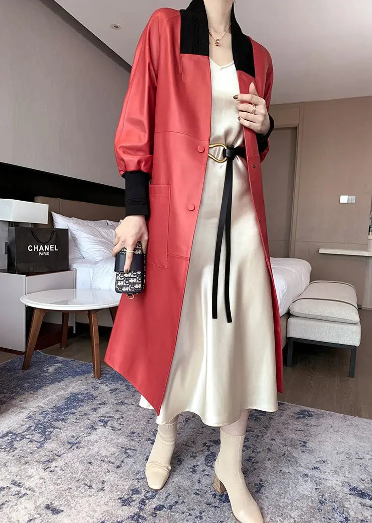 Nerazzurri Spring Autumn Loose Long Leather Trench Coat for Women with V Neck Raglan Sleeve Pockets Luxury Designer Clothes 2022 ZITA LA BELLE ÉLITE