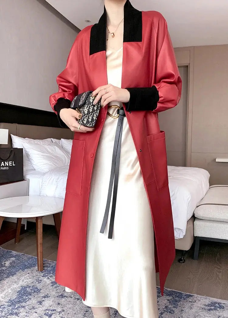 Nerazzurri Spring Autumn Loose Long Leather Trench Coat for Women with V Neck Raglan Sleeve Pockets Luxury Designer Clothes 2022 ZITA LA BELLE ÉLITE