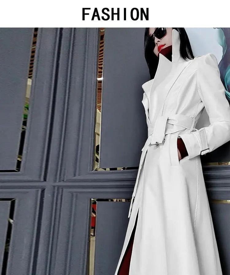 Nerazzurri Spring Runway White Long Leather Trench Coat for Women Long Sleeve Elegant Luxury fashion Womens Coats 2021 Designer ZITA LA BELLE ÉLITE
