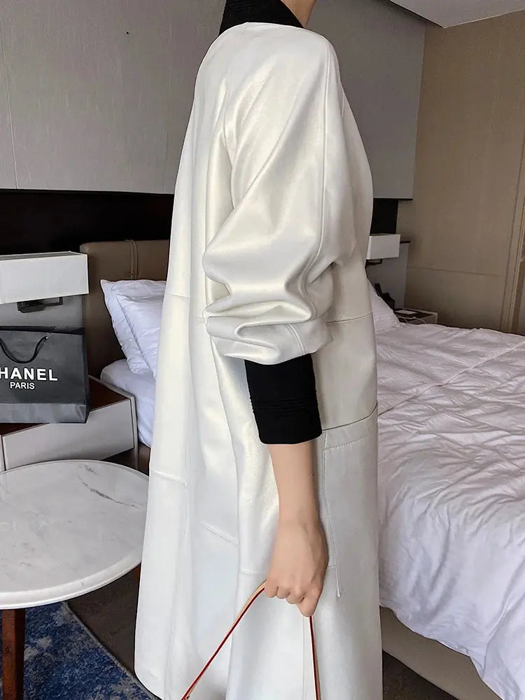 Nerazzurri Spring Autumn Loose Long Leather Trench Coat for Women with V Neck Raglan Sleeve Pockets Luxury Designer Clothes 2022 ZITA LA BELLE ÉLITE