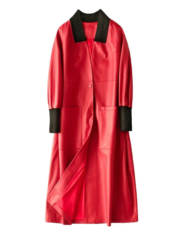 Nerazzurri Spring Autumn Loose Long Leather Trench Coat for Women with V Neck Raglan Sleeve Pockets Luxury Designer Clothes 2022 ZITA LA BELLE ÉLITE