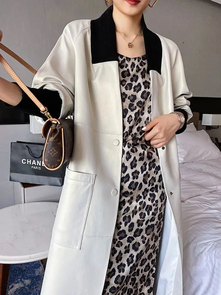 Nerazzurri Spring Autumn Loose Long Leather Trench Coat for Women with V Neck Raglan Sleeve Pockets Luxury Designer Clothes 2022 ZITA LA BELLE ÉLITE