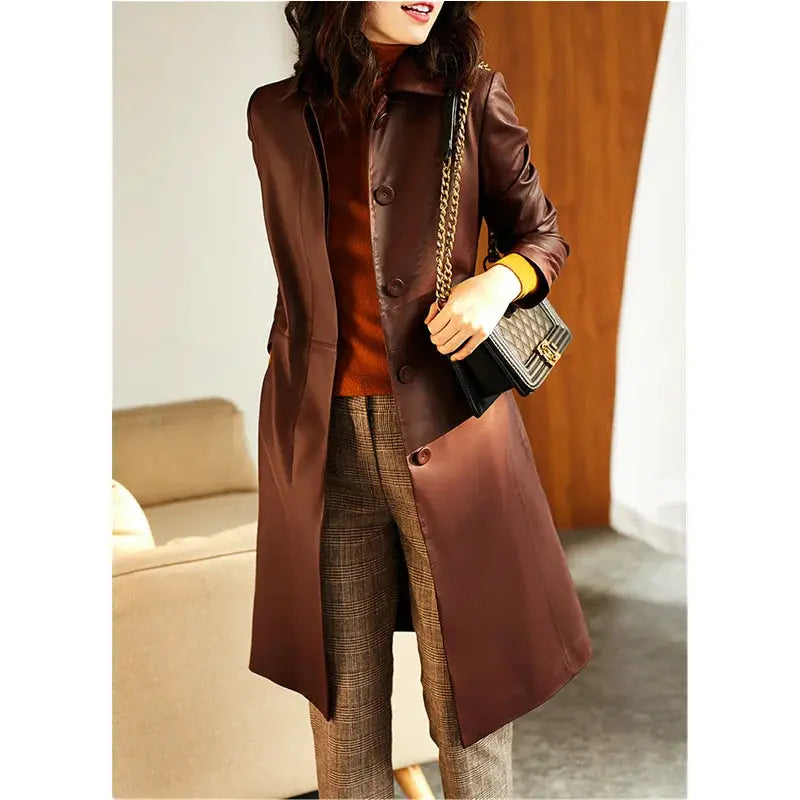 Women's Large Size Leather Coat Lace up Genuine Sheepskin Long Trench Jacket Top for Spring And Autumn ZITA LA BELLE ÉLITE