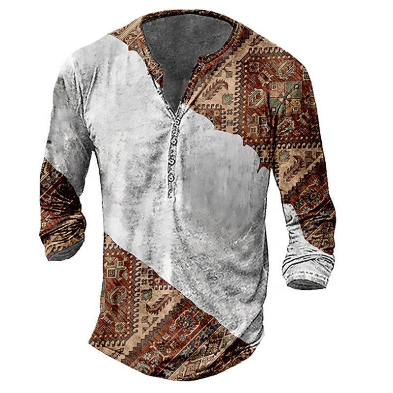 Skull Henley Print Long Sleeve Tshirts Men's