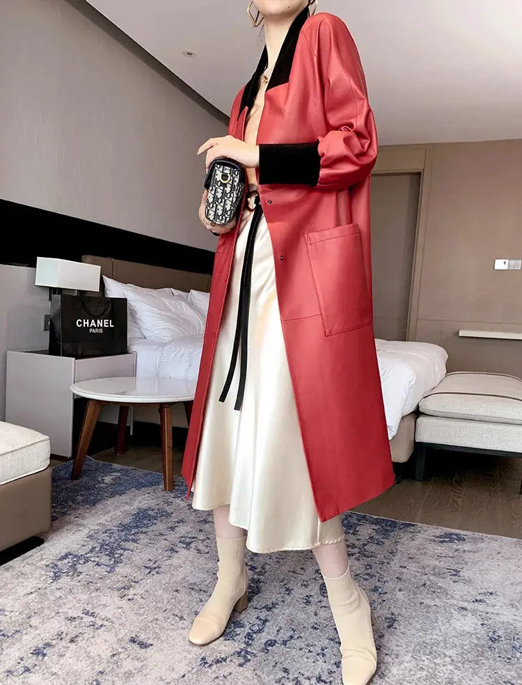 Nerazzurri Spring Autumn Loose Long Leather Trench Coat for Women with V Neck Raglan Sleeve Pockets Luxury Designer Clothes 2022 ZITA LA BELLE ÉLITE