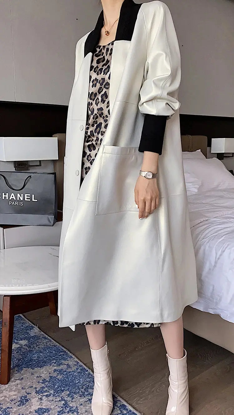 Nerazzurri Spring Autumn Loose Long Leather Trench Coat for Women with V Neck Raglan Sleeve Pockets Luxury Designer Clothes 2022 ZITA LA BELLE ÉLITE