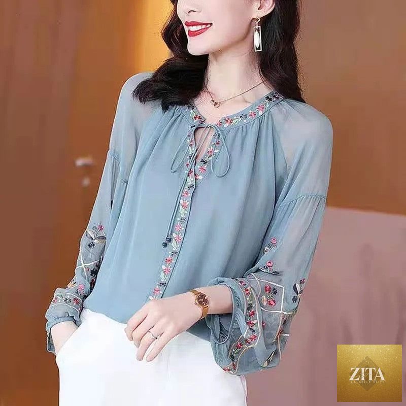 Light blue chiffon embroidery blouse with long lantern sleeves, loose fit, casual oversize top by nowadaysfashion.