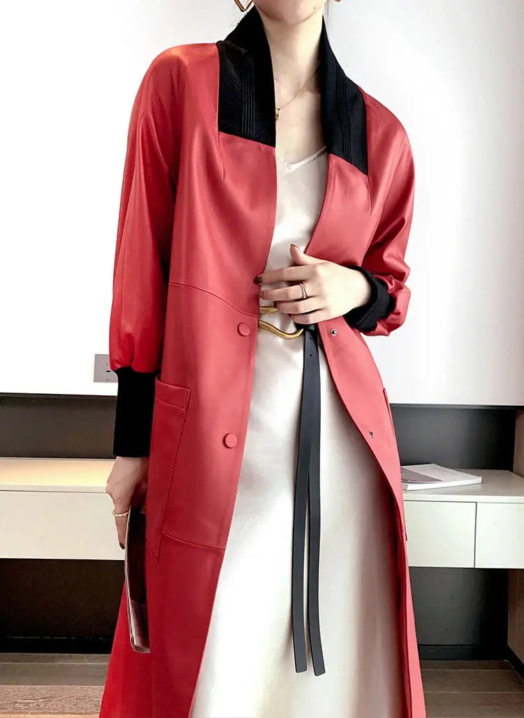 Nerazzurri Spring Autumn Loose Long Leather Trench Coat for Women with V Neck Raglan Sleeve Pockets Luxury Designer Clothes 2022 ZITA LA BELLE ÉLITE