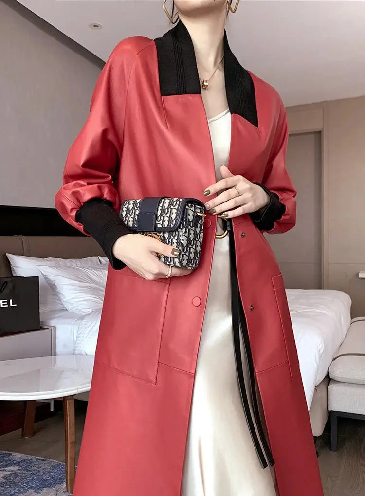 Nerazzurri Spring Autumn Loose Long Leather Trench Coat for Women with V Neck Raglan Sleeve Pockets Luxury Designer Clothes 2022 ZITA LA BELLE ÉLITE