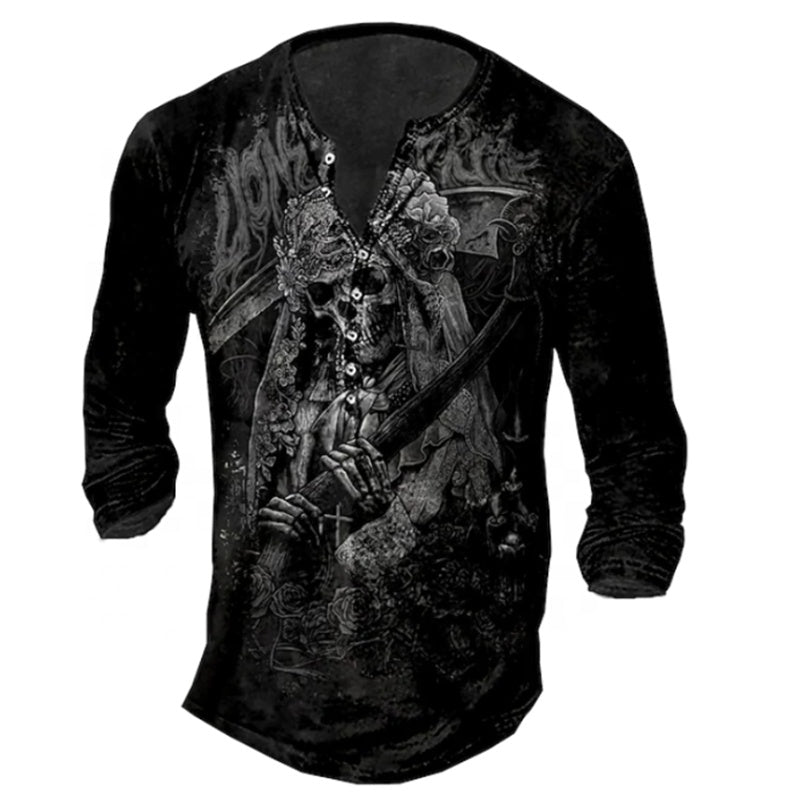 Skull Henley Print Long Sleeve Tshirts Men's