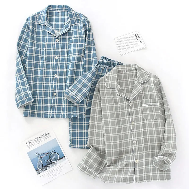 Spring and autumn mens pajamas long-sleeved trousers cotton double gauze lattice large size