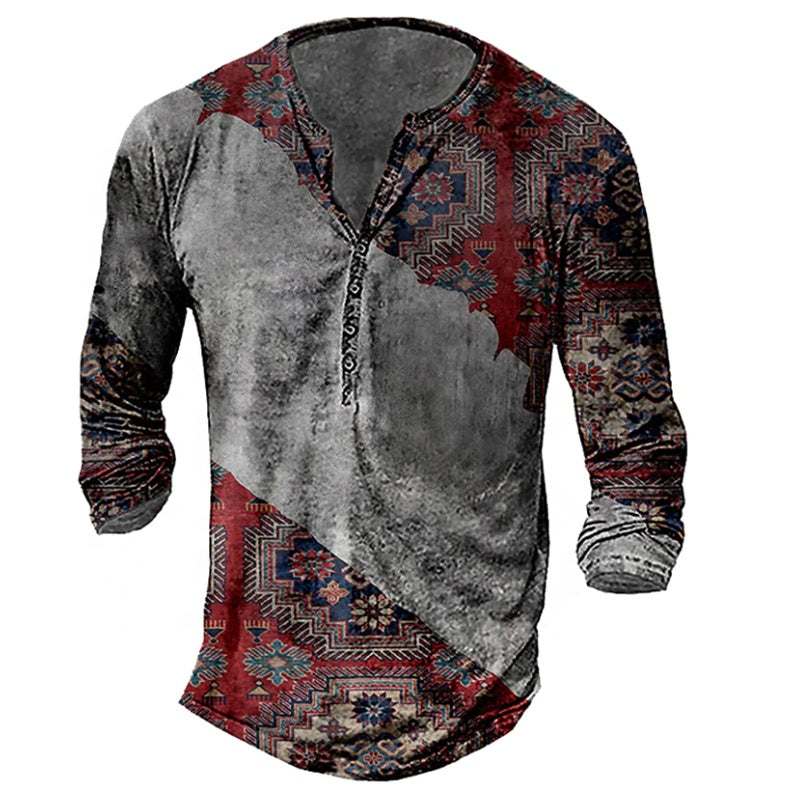 Skull Henley Print Long Sleeve Tshirts Men's