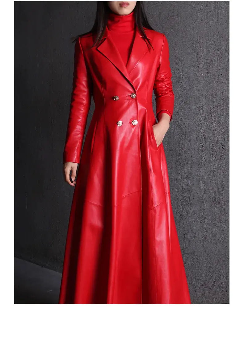 Lautaro Autumn Long Skirted Red Black Faux Leather Trench Coat for Women Double Breasted Elegant Luxury Fashion 4xl 5xl 6xl 7xl ZITA LA BELLE ÉLITE